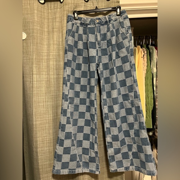 Denim - Checkered Blue and White Wide-Leg Pants